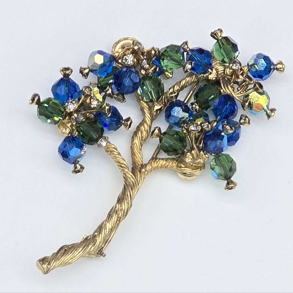 Vintage Vendome Signed Blue Green AB Glass Beads Gold Tone Wired Tree Brooch